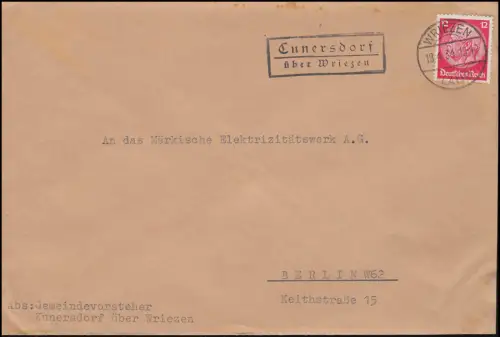 Landpost Kunersdorf / Cunersdorf über Wriezen, 18.4.1934