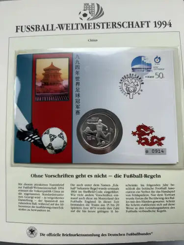 Fußball-WM 1994 USA - Numisbrief WM China, Silber 925, 27g