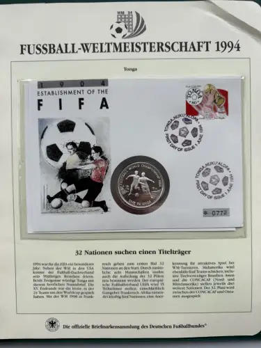 Fußball-WM 1994 USA - Numisbrief Tonga, Silber 925, 38,6 mm, 31,4g