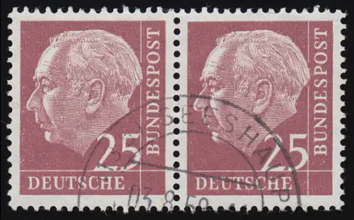 186x Heuss 25 Pf waagerechtes Paar mit lesbarem Tagesstempel O