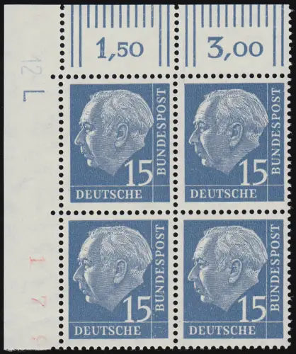184y Heuss 15 Pf. Eck-Vbl. oben links, Druckerzeichen Lumogen L, ungefaltet, **