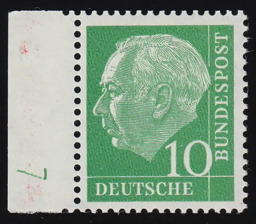 183y Lumogen DZ Heuss 10 Pf. Randstück mit Druckerzeichen DZ 7, ungefaltet, **