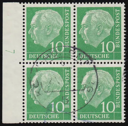 183y Lumogen DZ Heuss 10 Pf. Viererblock mit Druckerzeichen DZ 7, ungefaltet, O