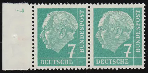 181y Lumogen DZ Heuss 7 Pf. waager. Paar mit Druckerzeichen DZ 7, ungefaltet, **