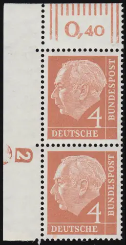 178 Heuss 4 Pf Eckrandpaar mit Druckerzeichen DZ 2 negativ, ungefaltet, **