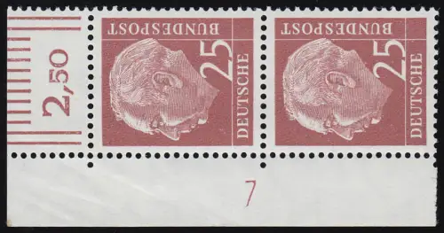 186xw Heuss 25 Pf Eck-Paar mit Druckerzeichen DZ 7 positiv, ungefaltet bügig, **