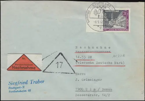 226 Alt-Berlin 70 Pf Parochialkirche NN-Brief Stuttgart - Ulm 8.9.1962