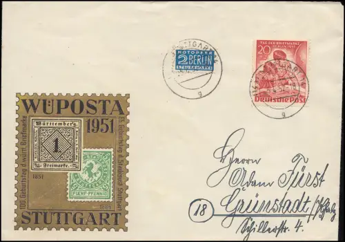 81 Tag der Briefmarke auf Bried vom Briefmarkenverein Schwaben Stuttgart 25.4.52