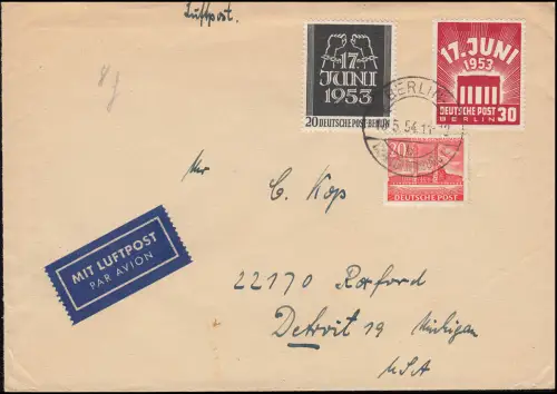 Berlin 110-111 Volksaufstand +113 Bauten auf LP-Brief in die USA, Berlin 18.5.54