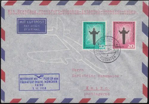Berlin 179-180 auf Erstflugbrief Frankfurt - Kairo 3.11.1958, Ankunftsstempel