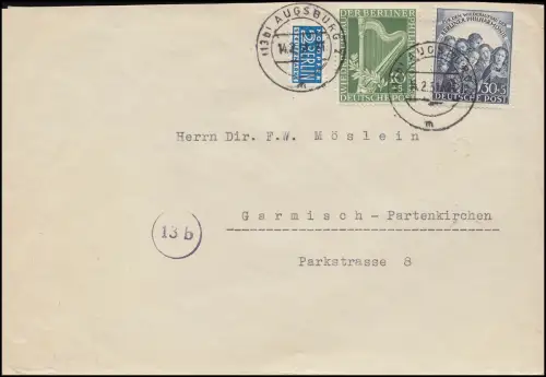 72-73 Berliner Philharmonie Satz mit Notopfer auf Brief Augsburg 14.2.1951