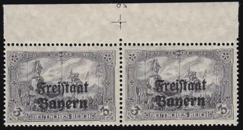 Bayern 150 B Aufdruck 3 Mark Oberrand-Paar mit Plattennummer Pl-Nr. 26, **