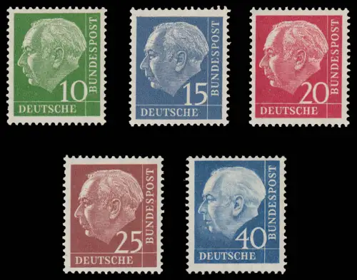 183-260y Heuss lumogen Satz 5 Werte mit roter Zählnummer komplett, postfrisch **