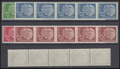 183-260y Heuss lumogen Satz 5 Werte im 5er-Streifen mit Zählnr. komplett, **