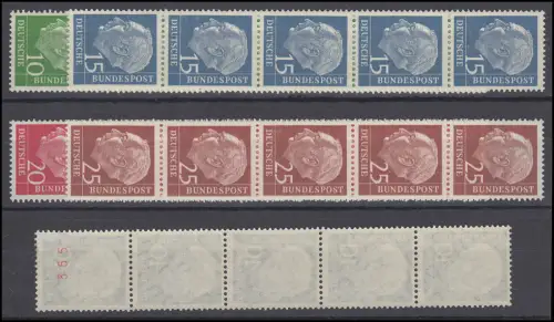 183-260y Heuss lumogen Satz 5 Werte im 5er-Streifen mit Zählnr. komplett, **