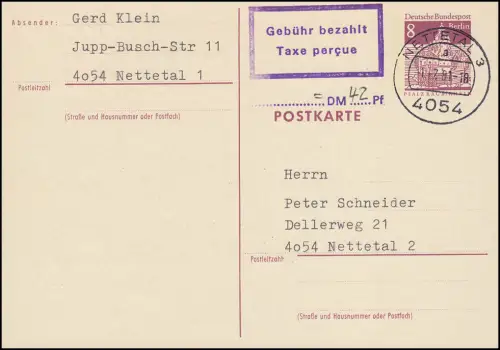 Ersttag des Stempels Gebühr bezahlt - Taxe percue auf 8 Pf-Postkarte 1.7.81