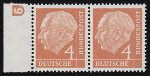 178 Heuss 4 Pf Randpaar mit Druckerzeichen DZ 9 negativ, ungefaltet, **