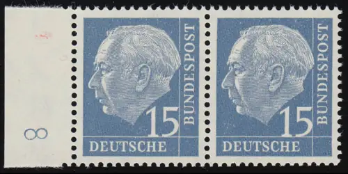 184y DZ Heuss 15 Pf lumogen - Randpaar Druckerzeichen DZ 8 positiv ungefaltet **