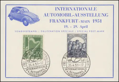 Karte Automobilausstellung mit 72-73 Philharmonie, SSt Frankfurt Lenkrad 25.4.51