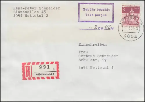 Ersttag des Stempels Gebühr bezahlt - Taxe percue auf 8 Pf-R-Brief vom 1.7.81