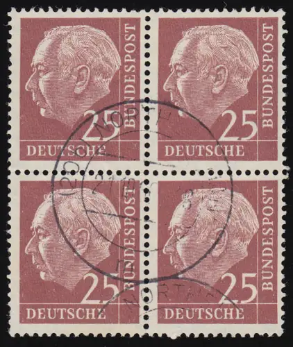 186x Heuss 25 Pf Viererblock mit lesbarem Tagesstempel O, geprüft Schlegel BPP