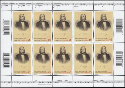 2910 Franz Liszt, Komponist und Pianist - kompletter Kleinbogen, postfrisch **