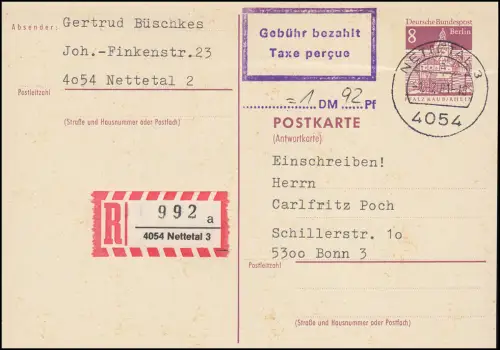 Ersttag des Stempels Gebühr bezahlt - Taxe percue auf 8 Pf-R-Postkarte 1.7.81