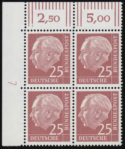 186xw Heuss 25 Pf Eck-Vierer o.l. - Druckerzeichen DZ 7 positiv, ungefaltet, **