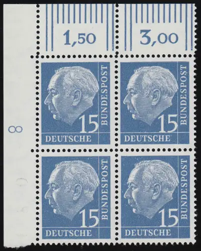 184xw Heuss 15 Pf ER-Vbl. o.l. mit DZ 8 positiv neben Feld 1, **