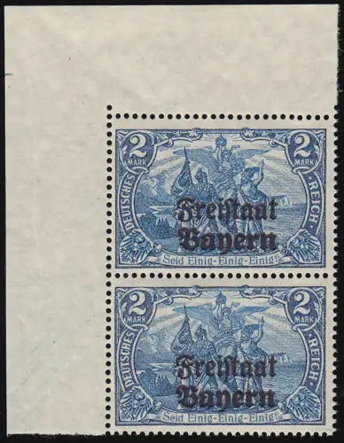 Bayern 149 PF I Aufdruck 2 Mark mit PLF beschädigte Krone, Eckpaar postfrisch **