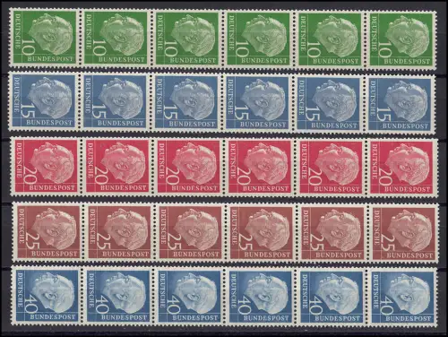 183-260y Heuss lumogen Satz 5 Werte im 6er-Streifen mit 2 Zählnr. komplett, **