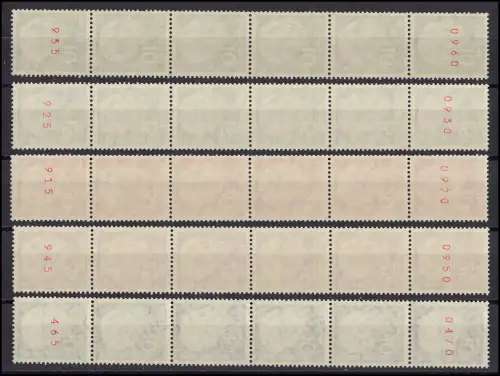 183-260y Heuss lumogen Satz 5 Werte im 6er-Streifen mit 2 Zählnr. komplett, **