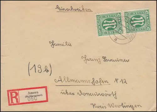 31 AM-Post 42 Pf. als MeF auf R-Brief R-Zettel AMERN Bz. Düsseldorf 16.5.46