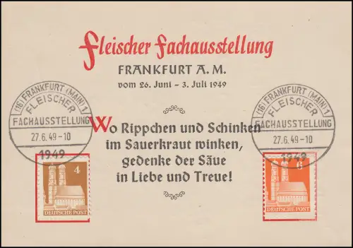 74+77 auf Messekarte Fleischer Fachausstellung Frankfurt Main 27.6.49
