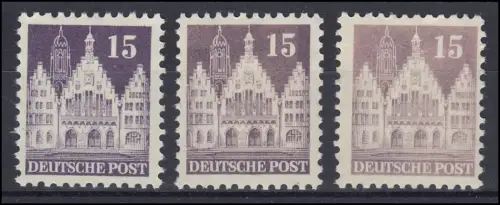 82 wg Bauten 15 Pf. Set mit drei unterschiedlichen Farbtönungen, postfrisch **