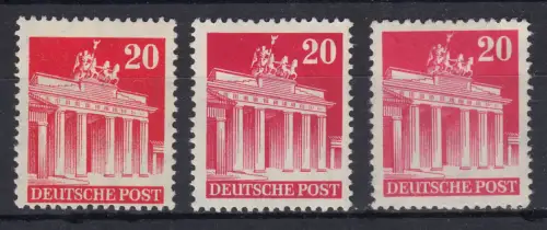 85WA eg Bauten 20 Pf. Set mit drei unterschiedlichen Farbtönungen, postfrisch **