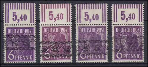 37I W OR dgz Band 6 Pf. Walzendruck, Oberrand, Set mit vier Farbtönungen, **