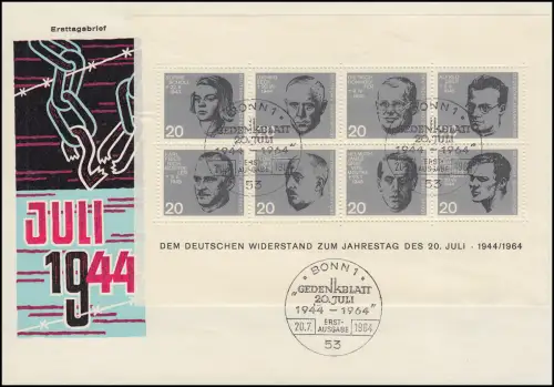 Block 3 Attentat 20. Juli 1944 auf einem Schmuck-FDC ESSt Bonn 20.7.1964