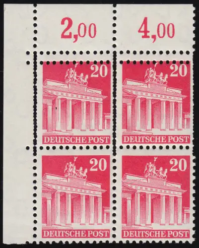 85WF Bauten 20 Pf. Eck-Viererblock mit doppeltem Kammschlag, postfrisch **