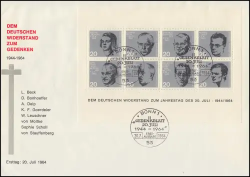 Block 3 Attentat 20. Juli 1944 auf Schmuck-FDC mit ESSt BONN - 20.7.64