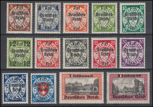 716-729 Danzig-Aufdruck 1939, 14 Werte kompl., Satz mit Falzresten *