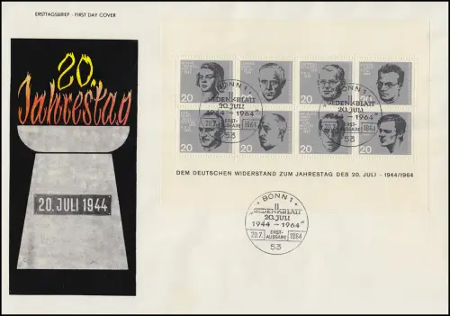 Block 3 Attentat 20. Juli 1944 auf einem Schmuck-FDC ESSt Bonn 20.7.64