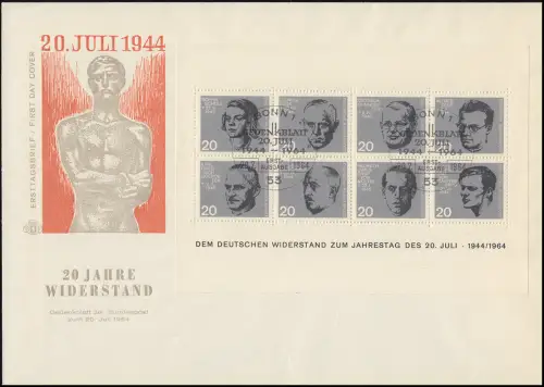 Block 3 Attentat 20. Juli 1944 auf einem Schmuck-FDC ESSt Bonn 20.7.1964