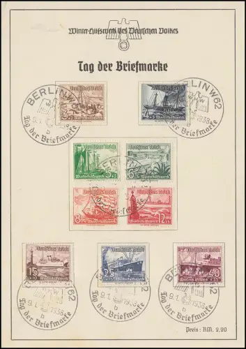 651-659 WHW Schiffe, 9 Werte kpl. Satz auf WHW Gedenkblatt, SST 9.1.38 Berlin 62