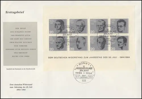 Block 3 Attentat 20. Juli 1944 auf Schmuck-FDC Ersttagsstempel ESST Bonn 20.7.64