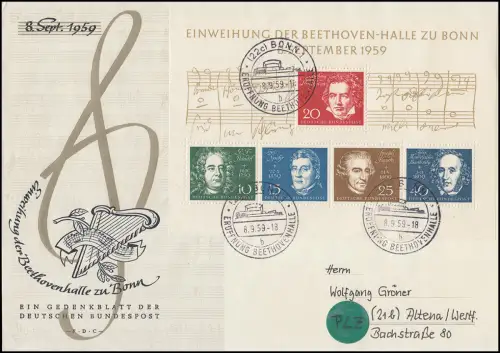 Block 2 Beethovenhalle 1959 auf gelaufenem FDC ESSt BONN 8.9.59 - Buchstabe b
