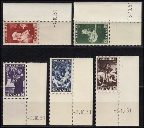 309-313 Br Volkshilfe 1951 Gemälde, kompletter Eckrand-Satz mit Druckdatum, **
