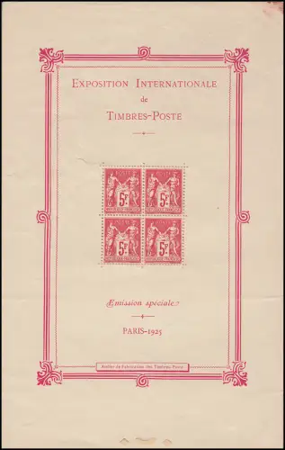 176 Frankreich Block 1 Ausstellung Paris ungebraucht - 4 Marken postfrisch **