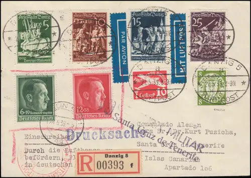 Danzig 291 Wappen 8 Pf. + ZF auf R-LP via Berlin nach Teneriffa, Danzig 27.5.39