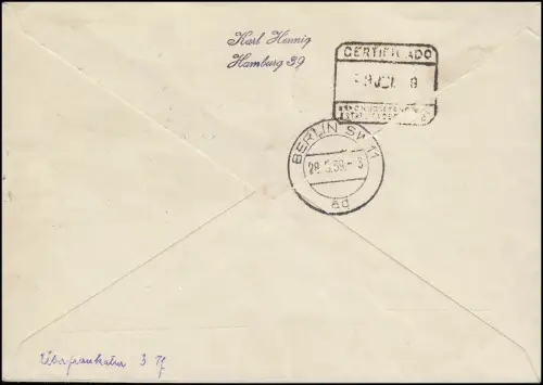 Danzig 291 Wappen 8 Pf. + ZF auf R-LP via Berlin nach Teneriffa, Danzig 27.5.39